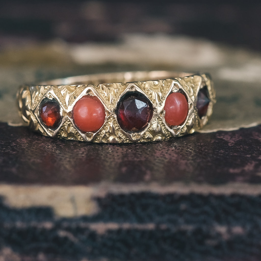 Victorian Garnet & Coral Ring - Lost Owl Jewelry