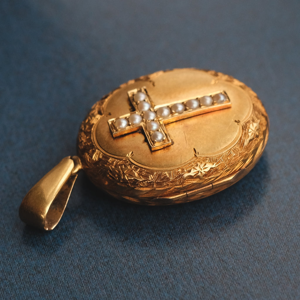 Victorian Pearl Cross Locket - Lost Owl Jewelry