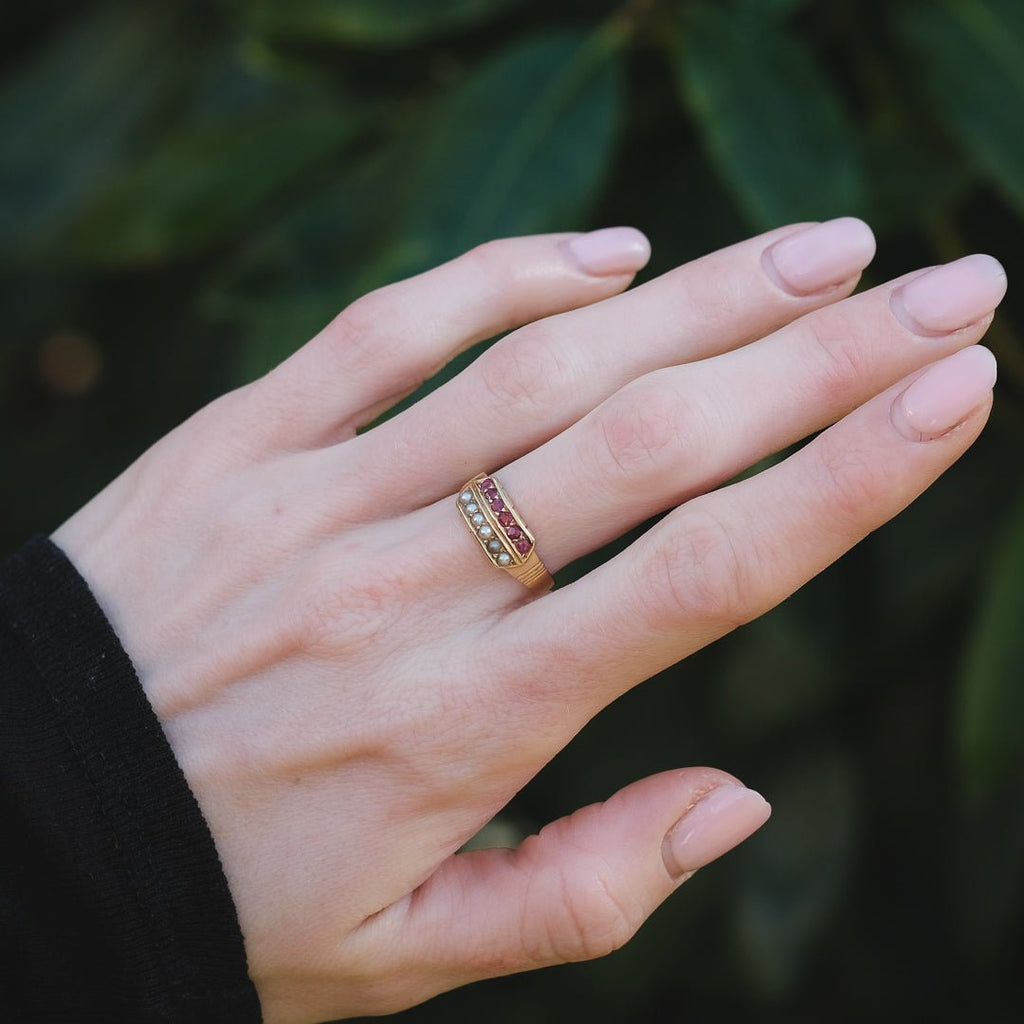 Victorian Ruby & Pearl Double Row Ring - Lost Owl Jewelry
