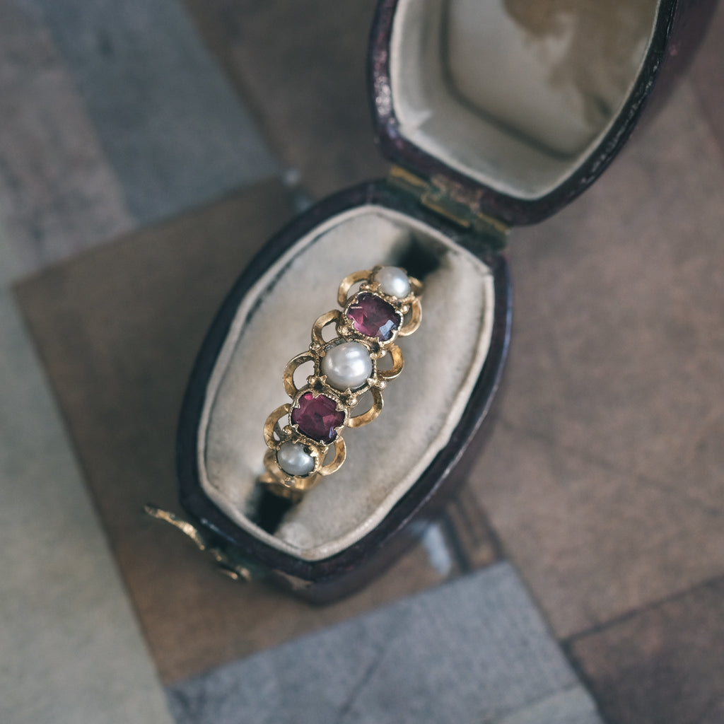 Victorian Ruby & Pearl Half - Hoop - Lost Owl Jewelry