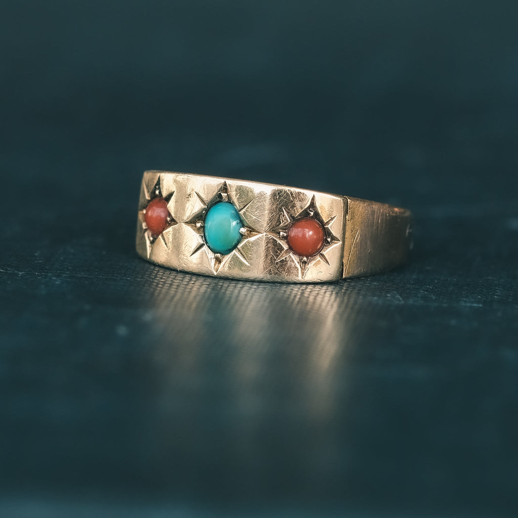 Victorian Turquoise & Coral Star Ring - Lost Owl Jewelry