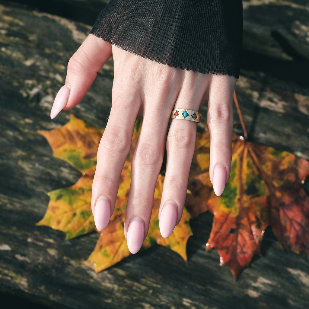 Victorian Turquoise & Coral Star Ring - Lost Owl Jewelry