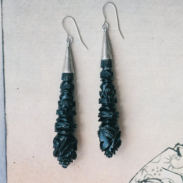 Victorian Whitby Jet Torpedo Earrings - Lost Owl Jewelry