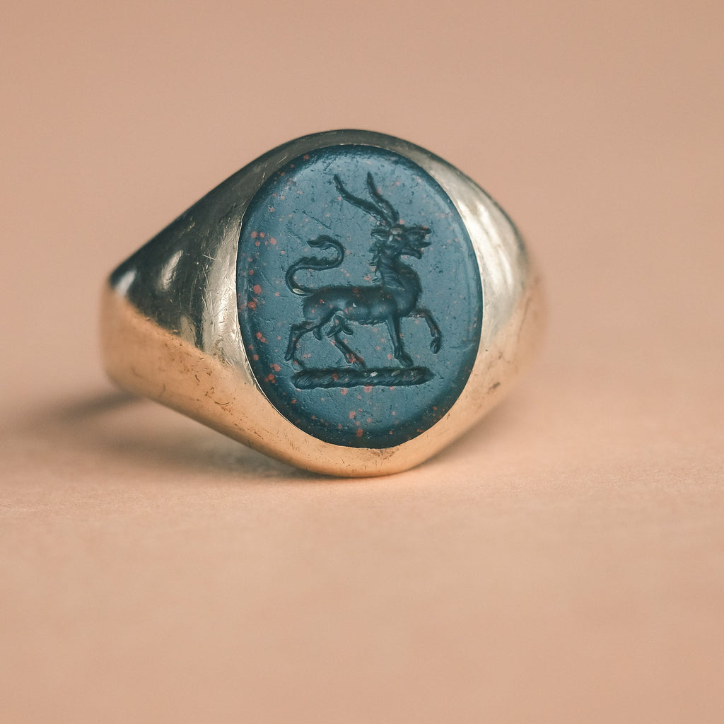 Vintage Bloodstone Antelope Intaglio Ring - Lost Owl Jewelry