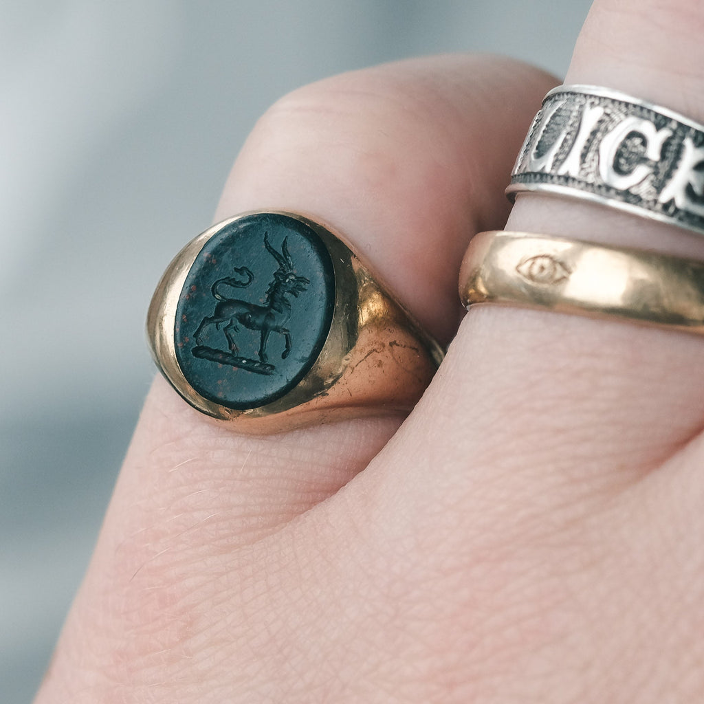 Vintage Bloodstone Antelope Intaglio Ring - Lost Owl Jewelry