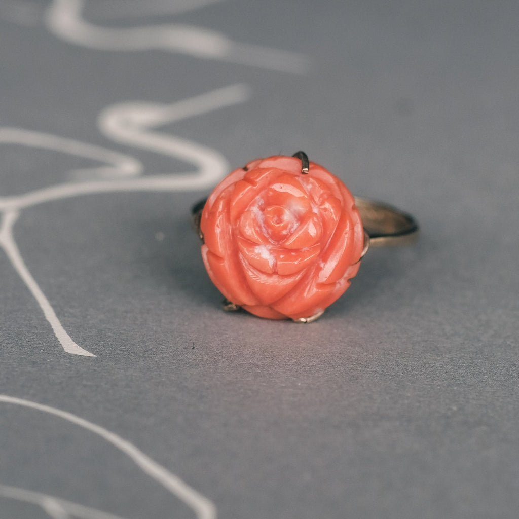 Vintage Coral Rose Ring - Lost Owl Jewelry
