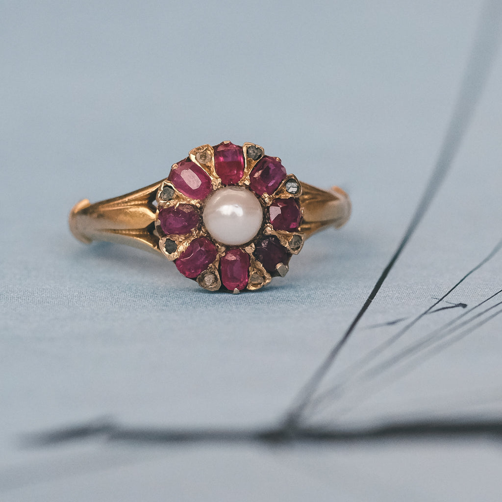 1875 Ruby & Pearl Sunburst Ring - Lost Owl Jewelry