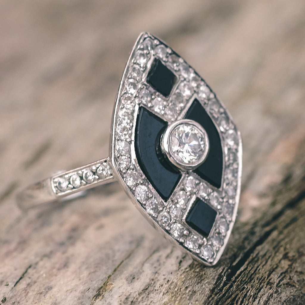 1950s Onyx & Diamond Marquise Ring - Lost Owl Jewelry