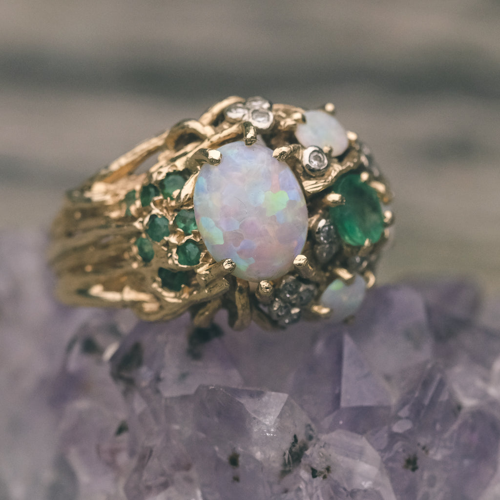 1978 Emerald & Opal Nest Ring - Lost Owl Jewelry