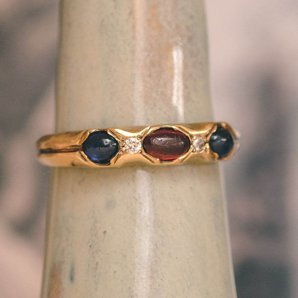 Art Deco Hessonite Garnet & Sapphire Trilogy Ring - Lost Owl Jewelry