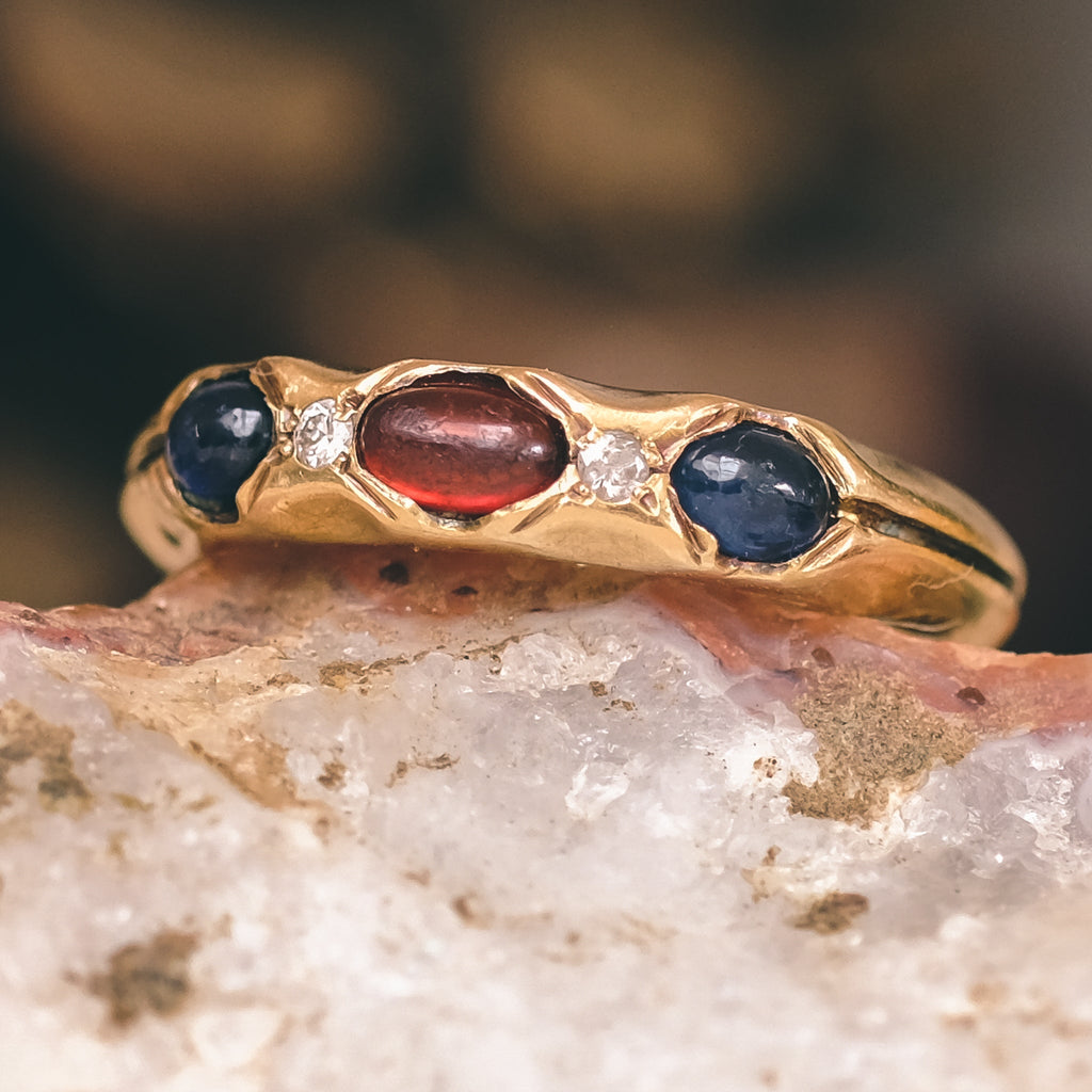 Art Deco Hessonite Garnet & Sapphire Trilogy Ring - Lost Owl Jewelry