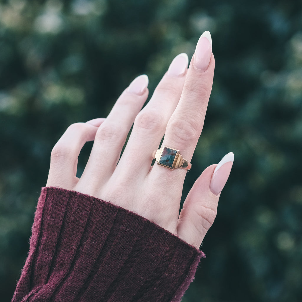 Art Deco Moss Agate Signet Ring - Lost Owl Jewelry