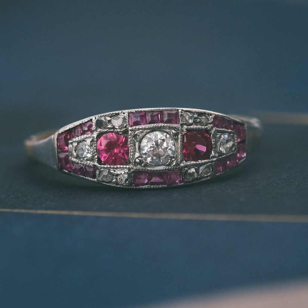 Art Deco Red & White Chequerboard Ring - Lost Owl Jewelry