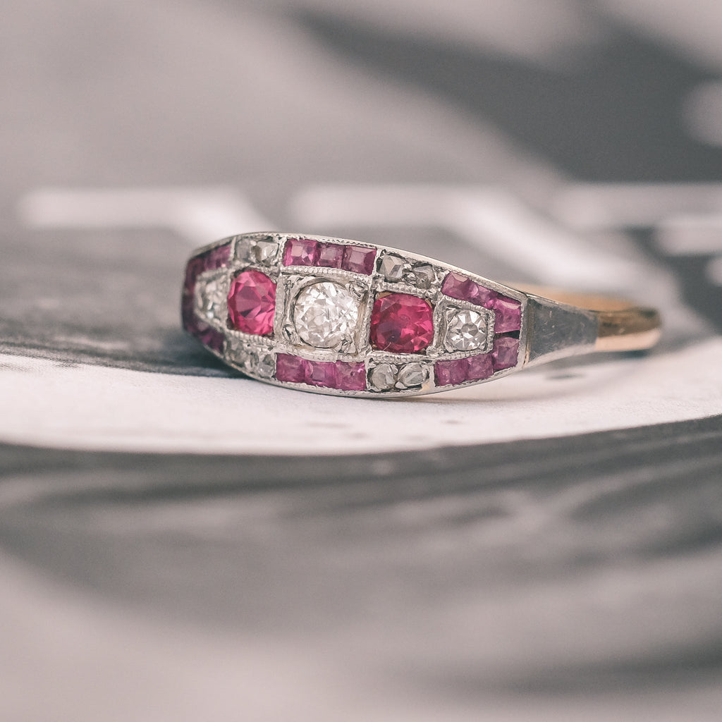 Art Deco Red & White Chequerboard Ring - Lost Owl Jewelry