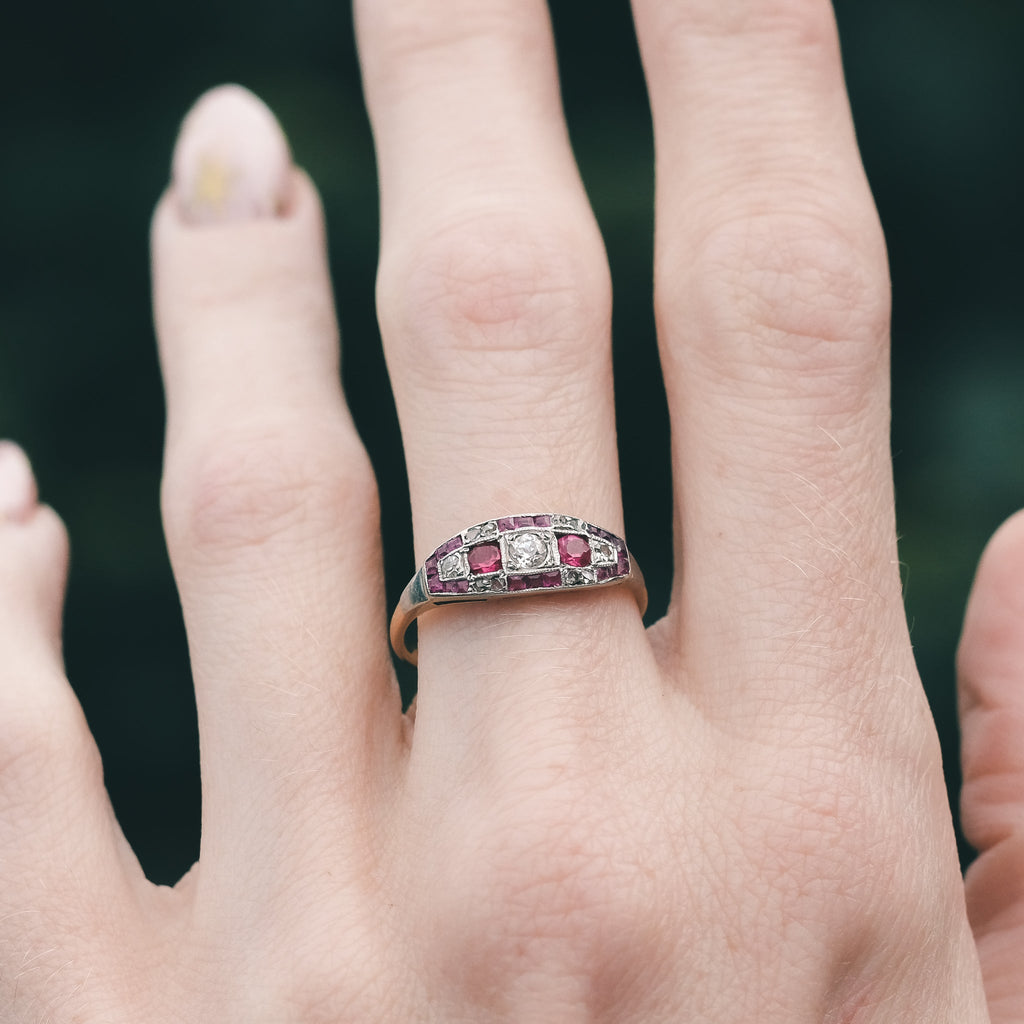 Art Deco Red & White Chequerboard Ring - Lost Owl Jewelry