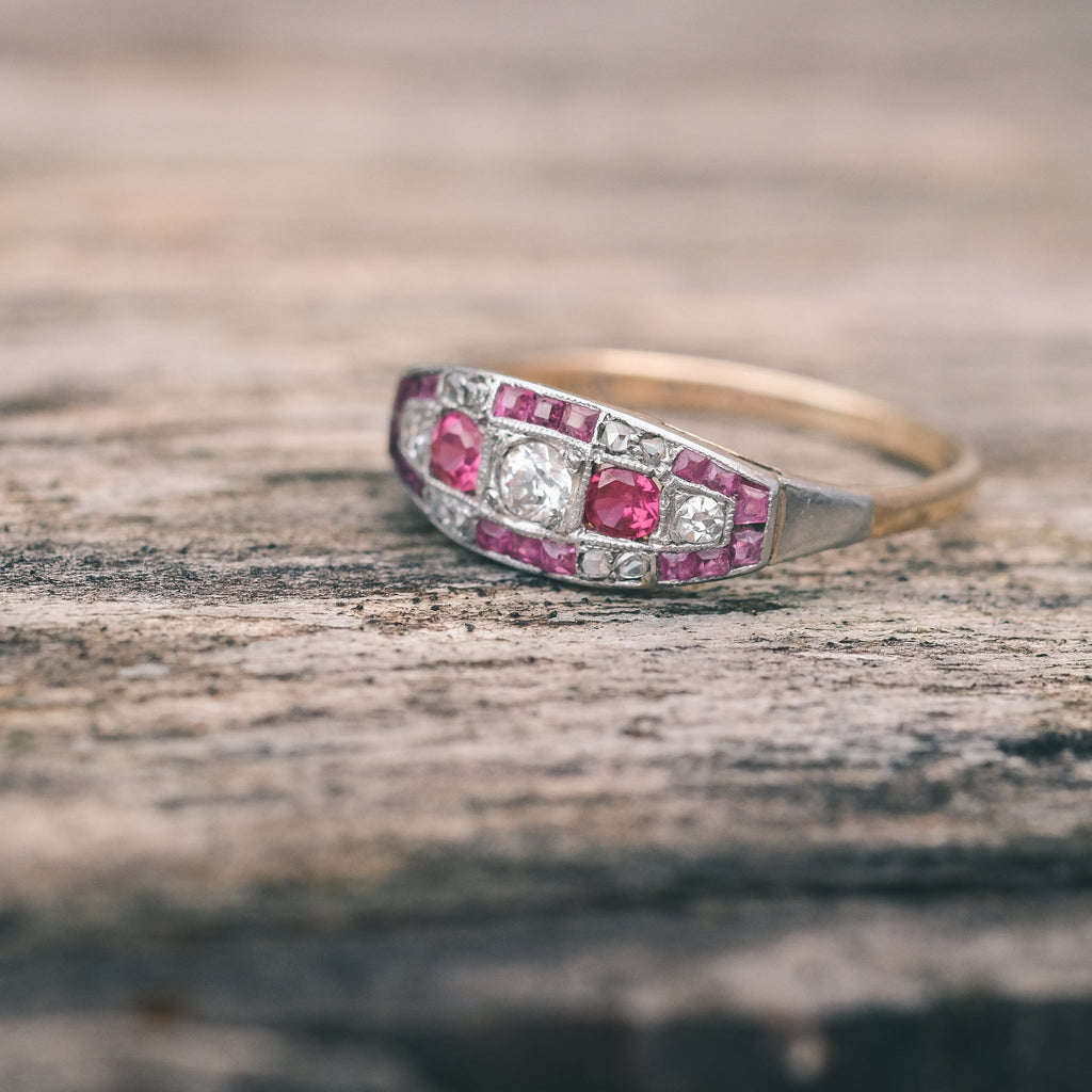 Art Deco Red & White Chequerboard Ring - Lost Owl Jewelry