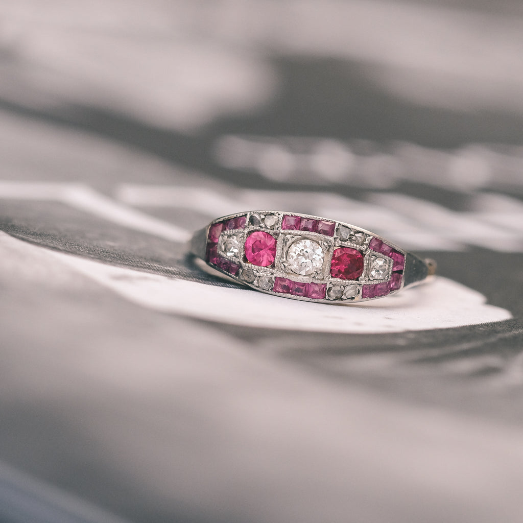 Art Deco Red & White Chequerboard Ring - Lost Owl Jewelry