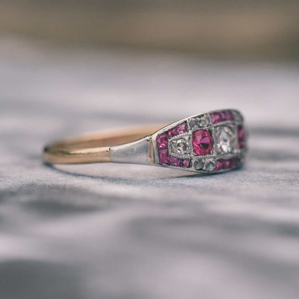 Art Deco Red & White Chequerboard Ring - Lost Owl Jewelry