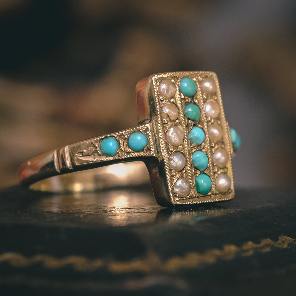 Art Deco Turquoise & Pearl Stripes Ring - Lost Owl Jewelry