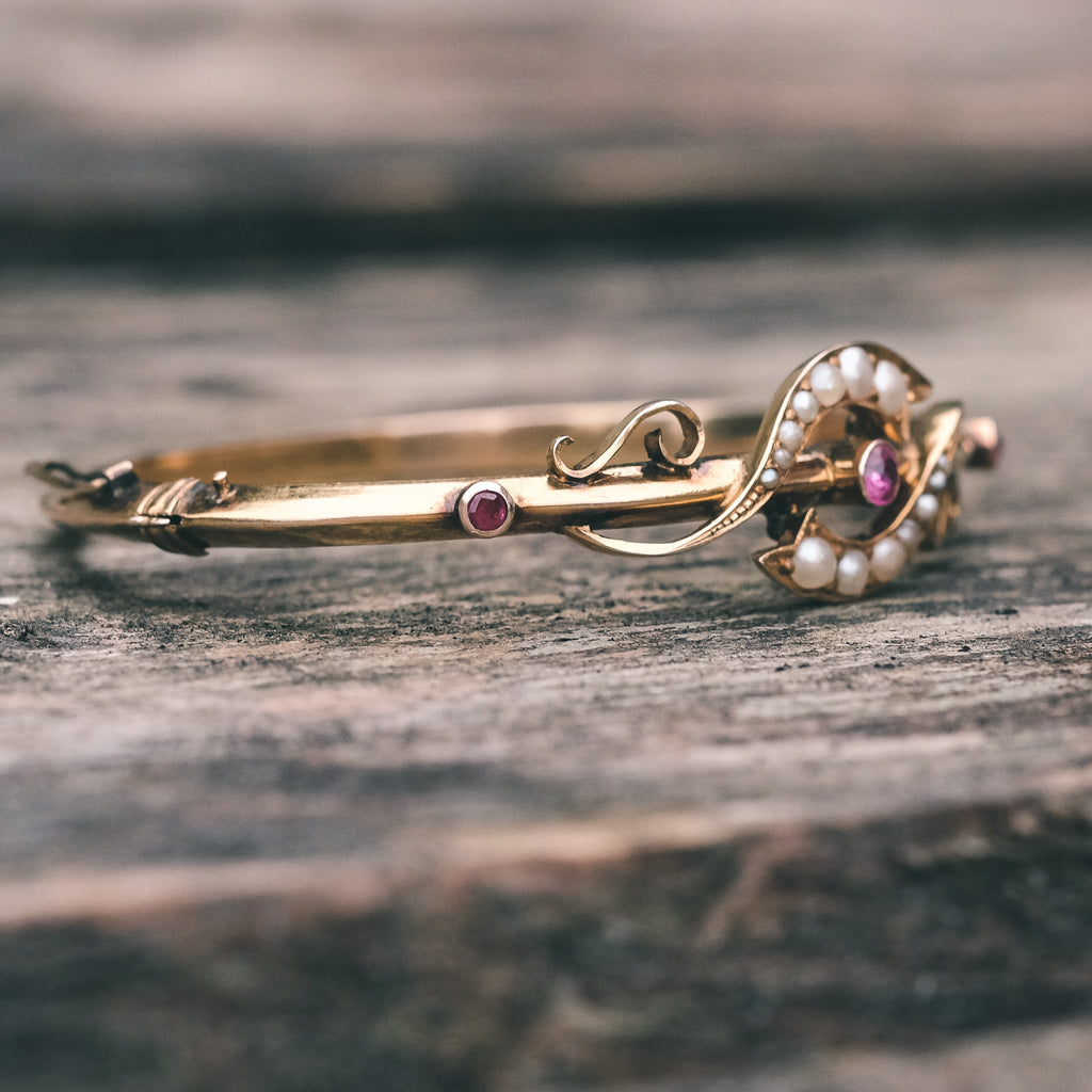 Art Nouveau Ruby & Pearl Bangle - Lost Owl Jewelry