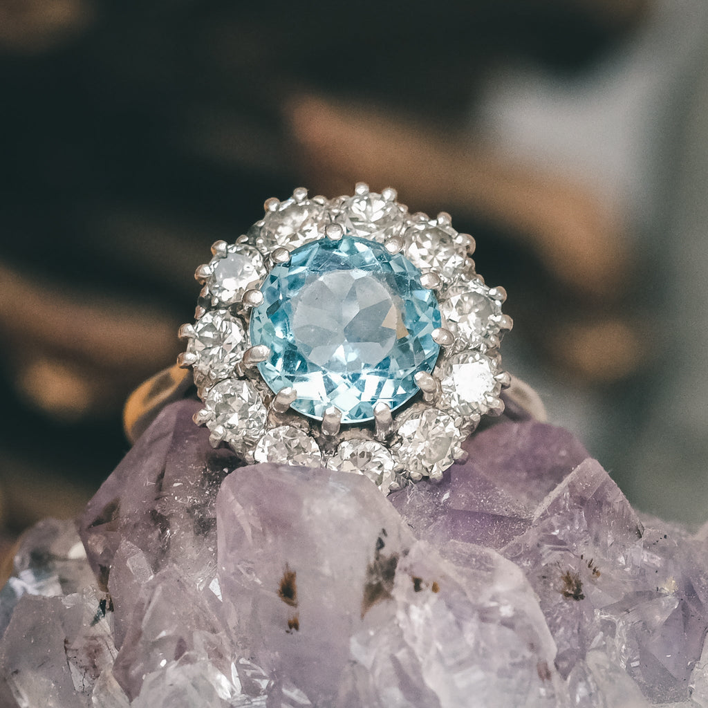 Edwardian Aquamarine & Diamond Cluster Ring - Lost Owl Jewelry