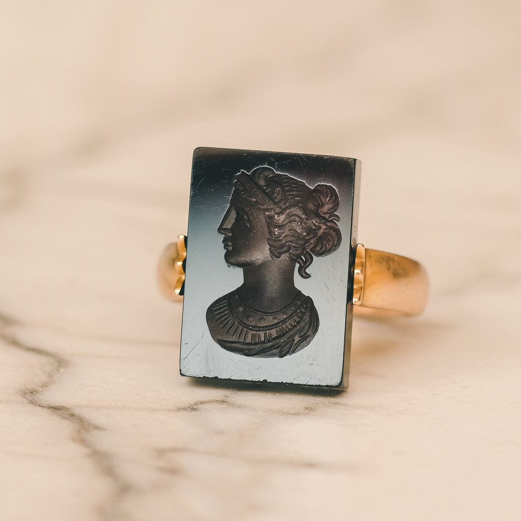 Edwardian Garnet Intaglio "Hera" Swivel Ring - Lost Owl Jewelry