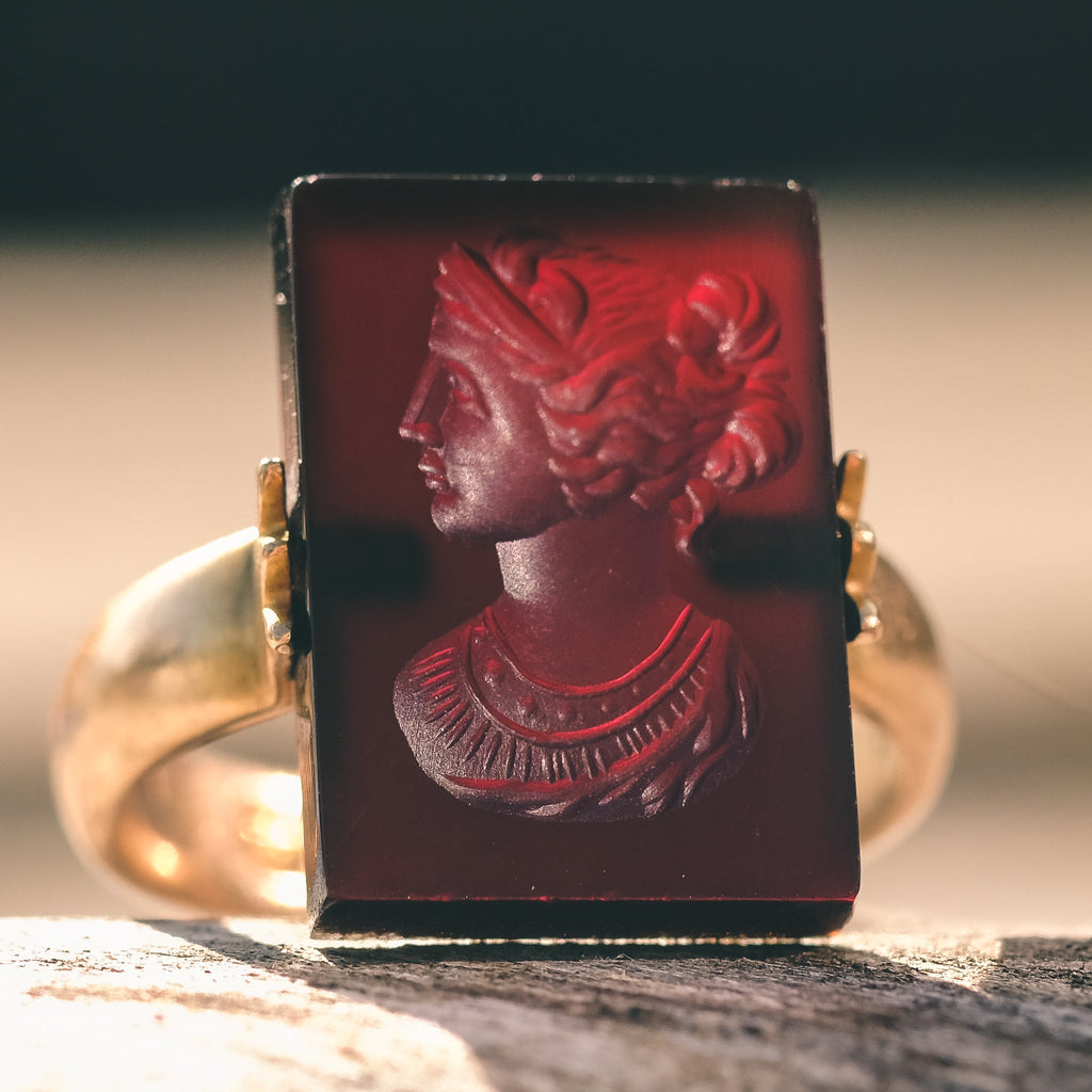 Edwardian Garnet Intaglio "Hera" Swivel Ring - Lost Owl Jewelry