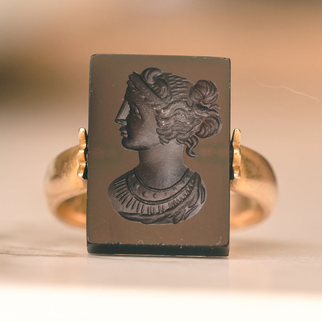Edwardian Garnet Intaglio "Hera" Swivel Ring - Lost Owl Jewelry