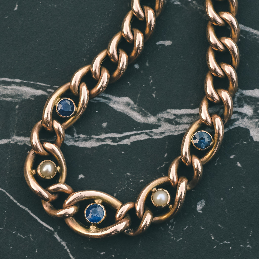 Edwardian Sapphire & Pearl Curb-Link Bracelet - Lost Owl Jewelry