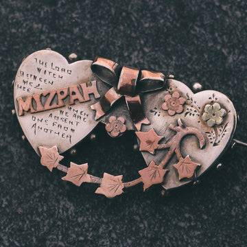 Edwardian Silver & Rose Gold Double Heart MIZPAH Brooch - Lost Owl Jewelry