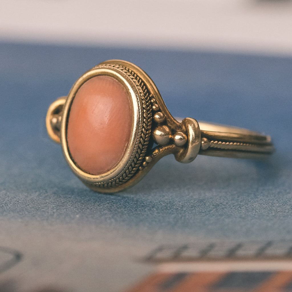 Etruscan Revival Coral Ring - Lost Owl Jewelry