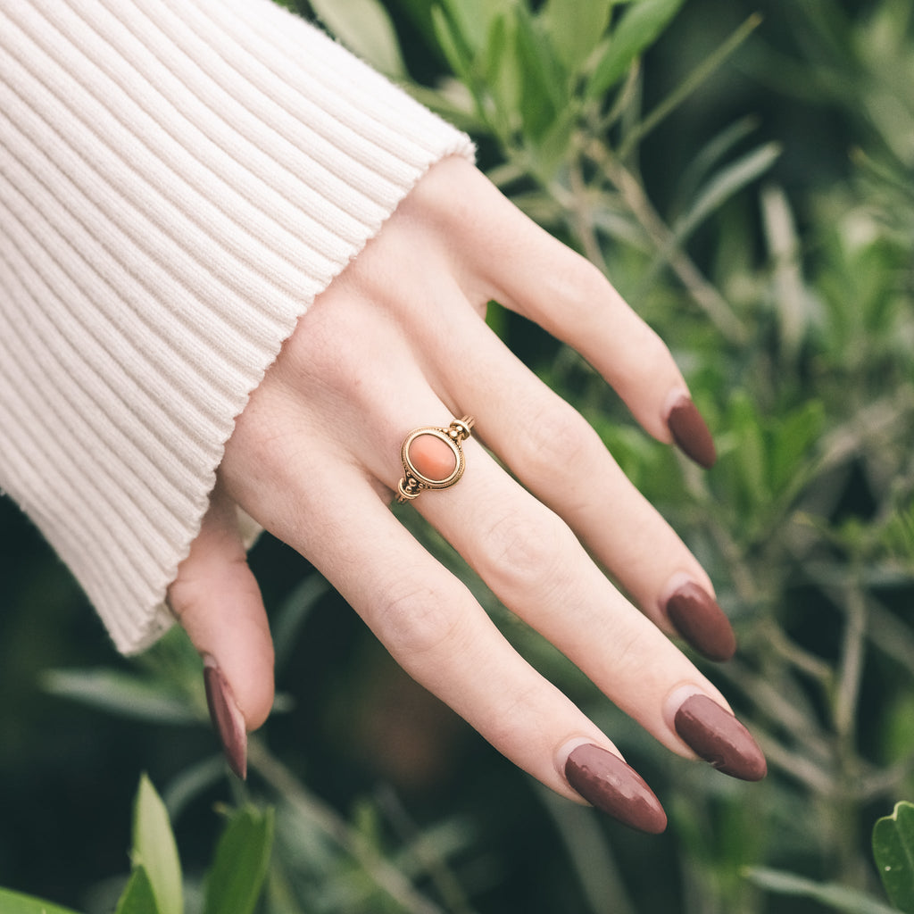 Etruscan Revival Coral Ring - Lost Owl Jewelry