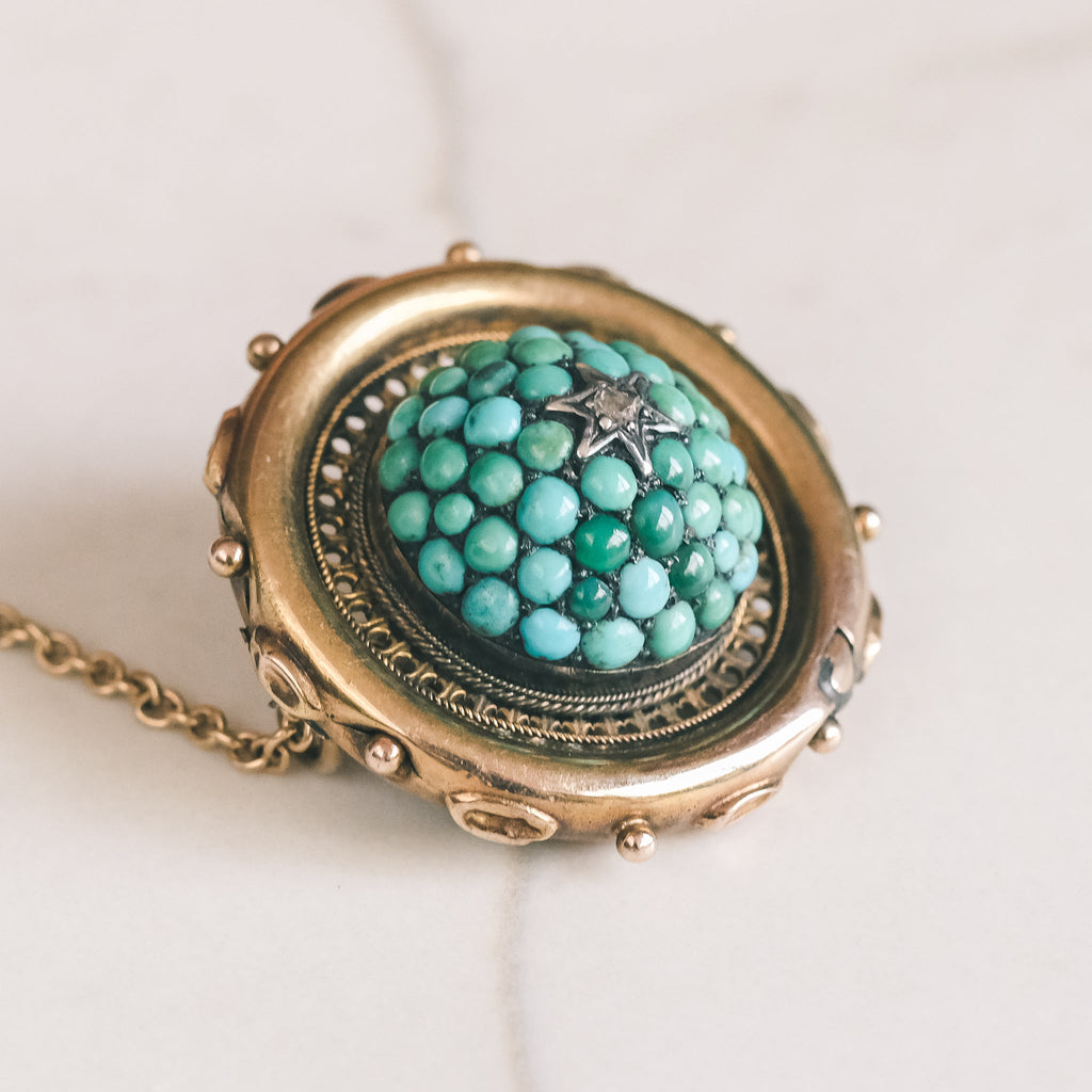 Etruscan Revival Turquoise Dome Locket - Lost Owl Jewelry