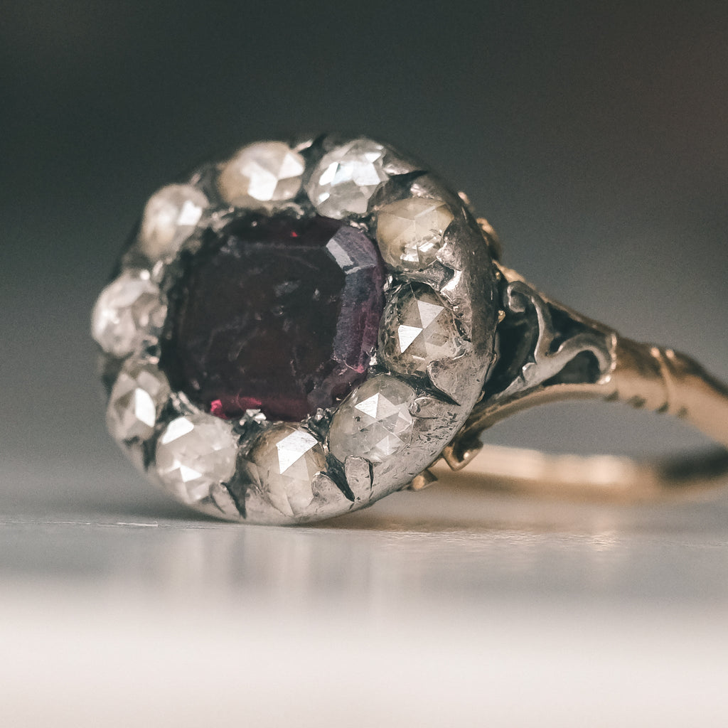 Georgian Garnet Cushion Cluster Ring - Lost Owl Jewelry