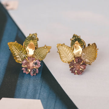 Mid-Century Carved Tourmaline Flower Earrings - Lost Owl Jewelry