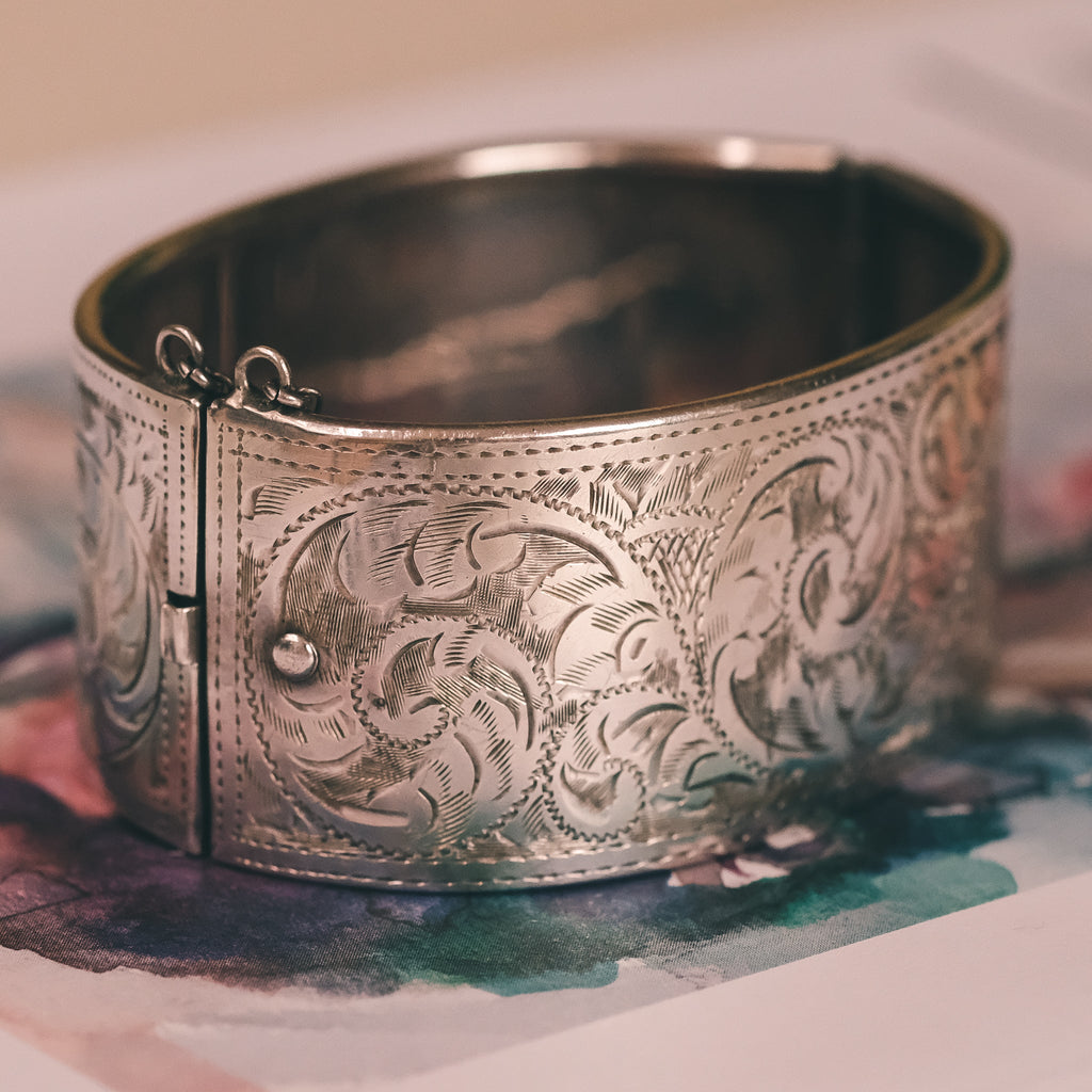 Mid-Century Floral Cuff Bangle - Lost Owl Jewelry