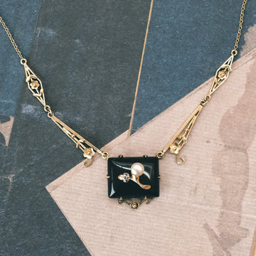 Mid-Century Onyx & Acorn Necklace - Lost Owl Jewelry