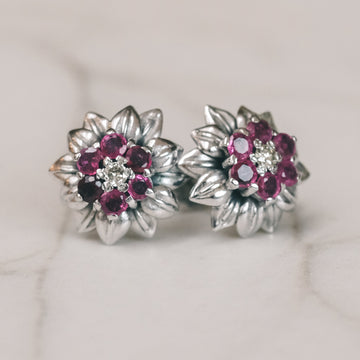 Mid Century Ruby Flower Earrings - Lost Owl Jewelry