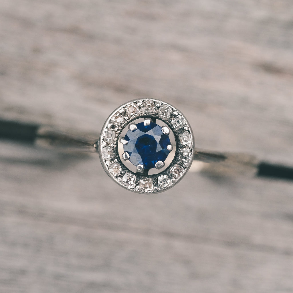 Mid-Century Sapphire Halo Ring - Lost Owl Jewelry