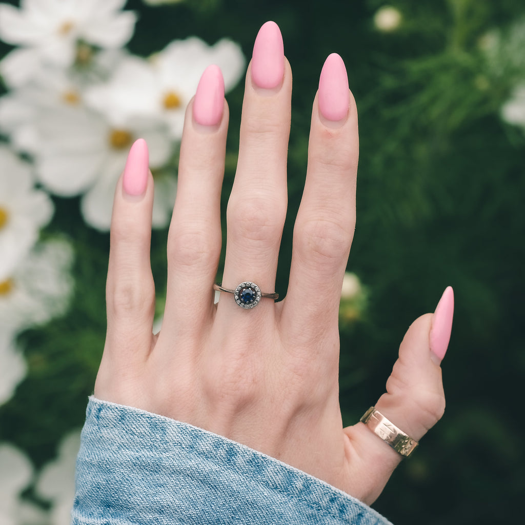 Mid-Century Sapphire Halo Ring - Lost Owl Jewelry