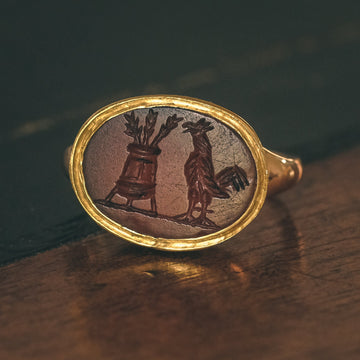 Neoclassical "Cock & Calanthus" Intaglio Signet Ring - Lost Owl Jewelry
