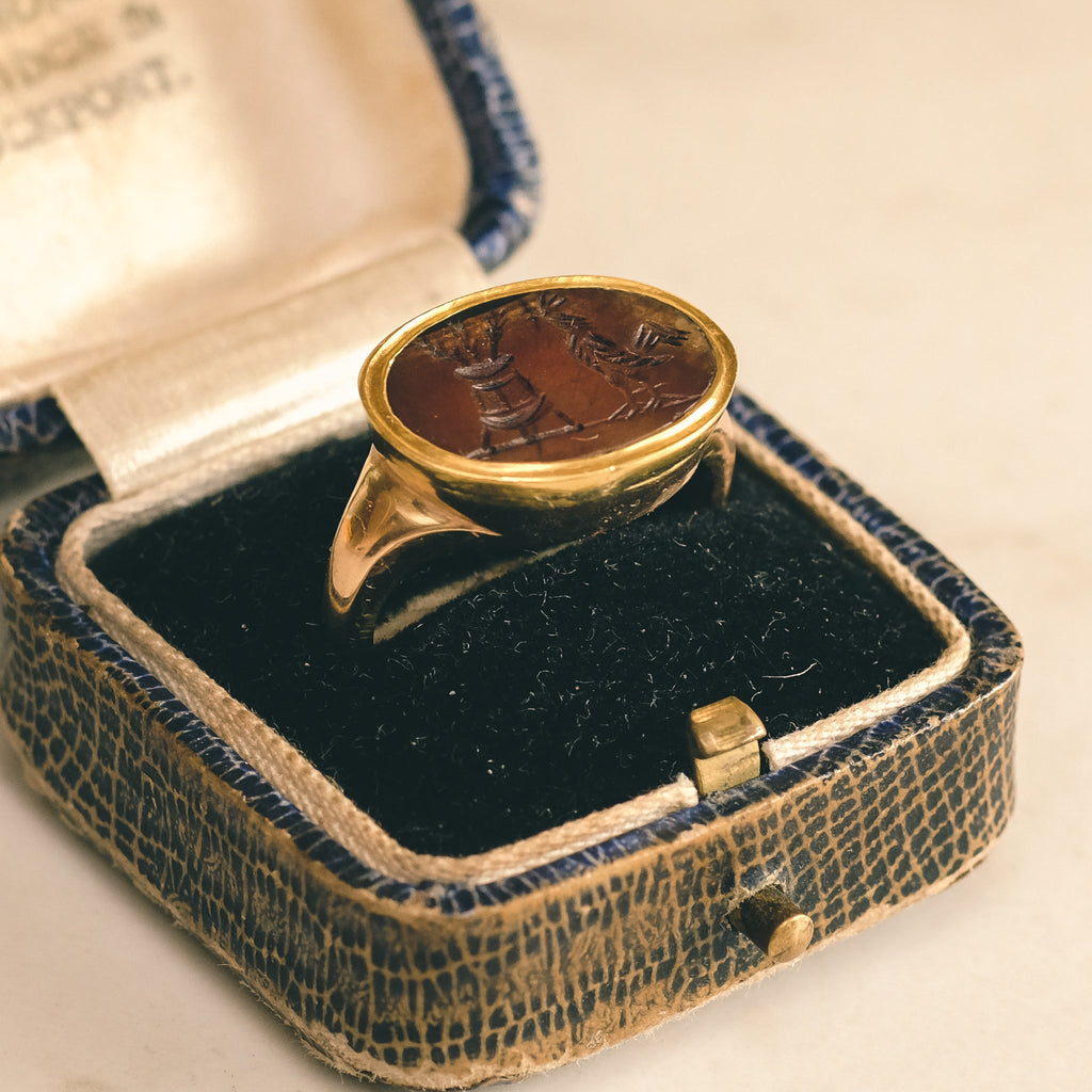 Neoclassical "Cock & Calanthus" Intaglio Signet Ring - Lost Owl Jewelry