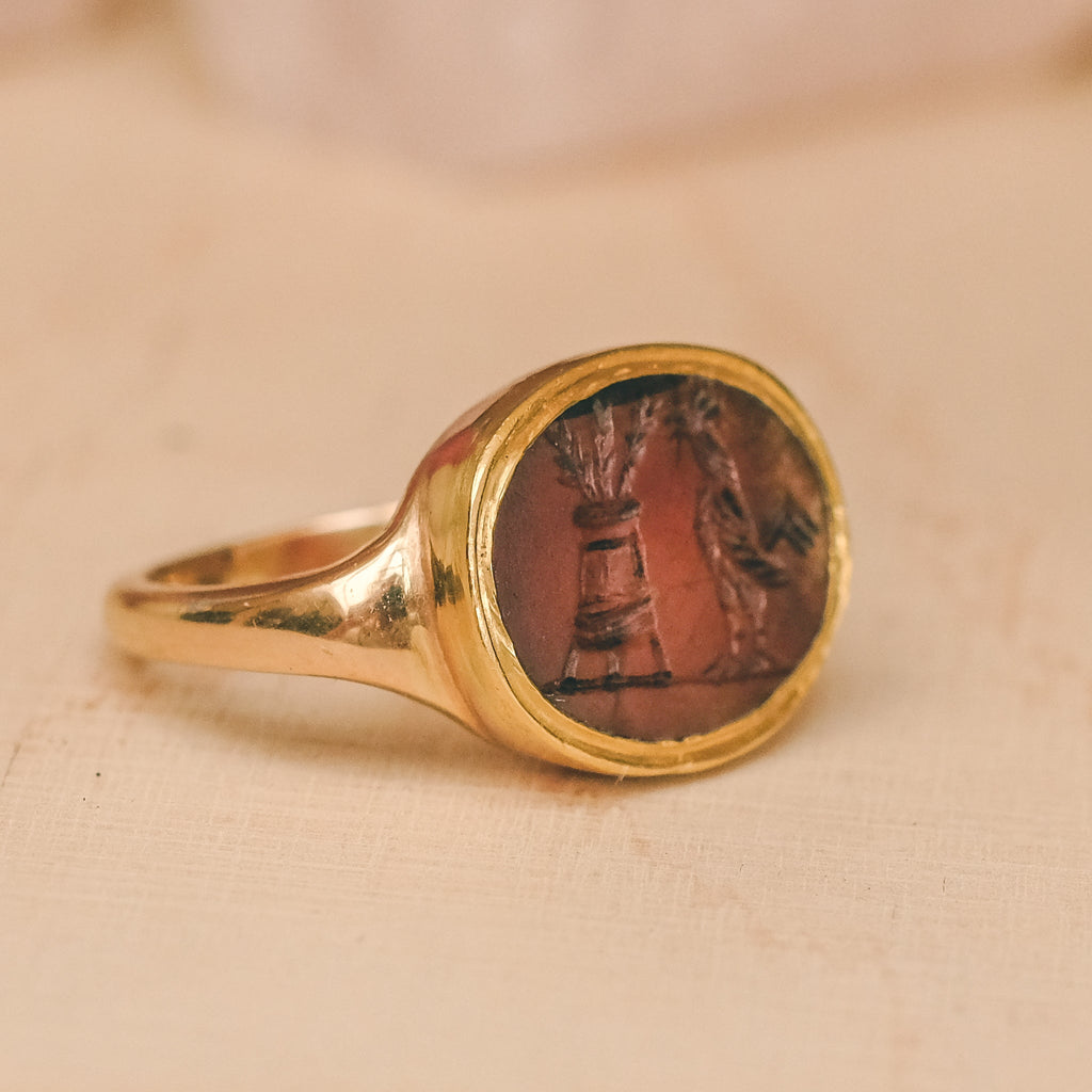 Neoclassical "Cock & Calanthus" Intaglio Signet Ring - Lost Owl Jewelry