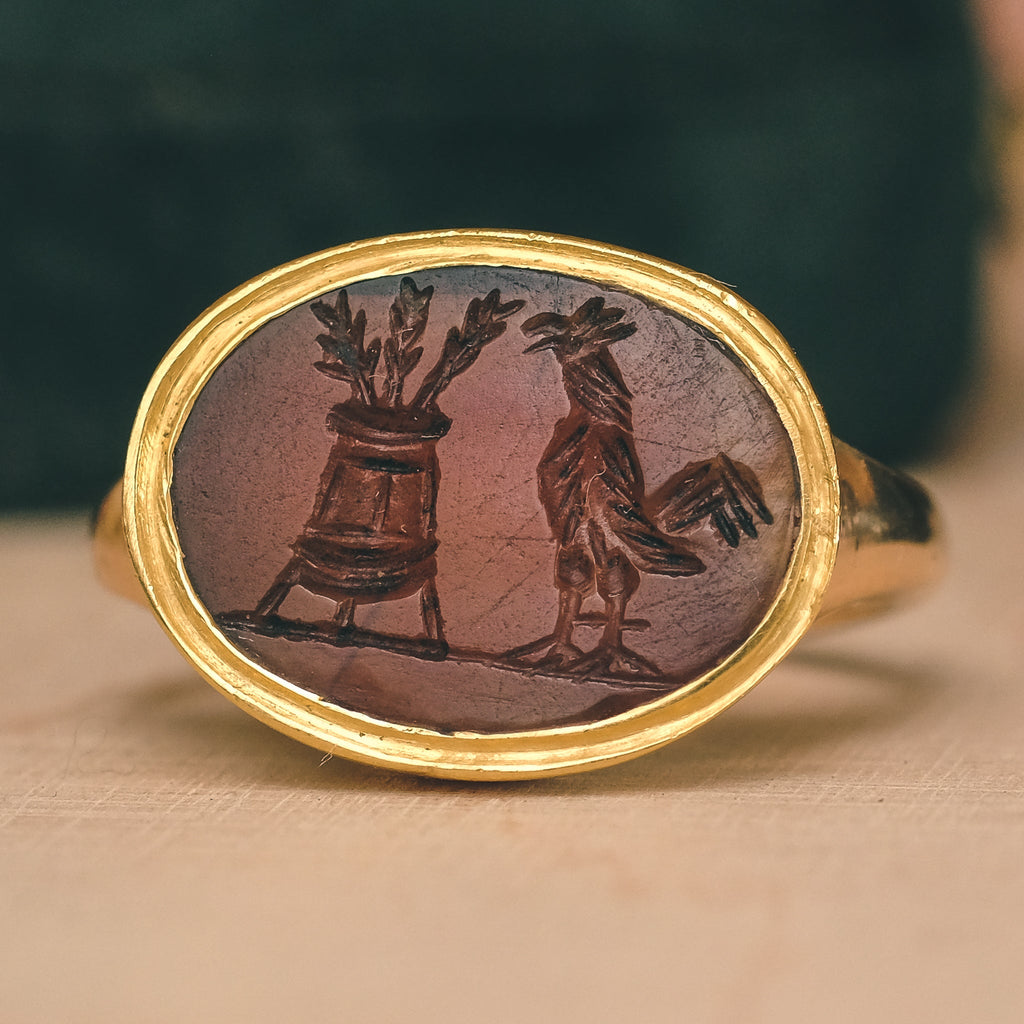 Neoclassical "Cock & Calanthus" Intaglio Signet Ring - Lost Owl Jewelry