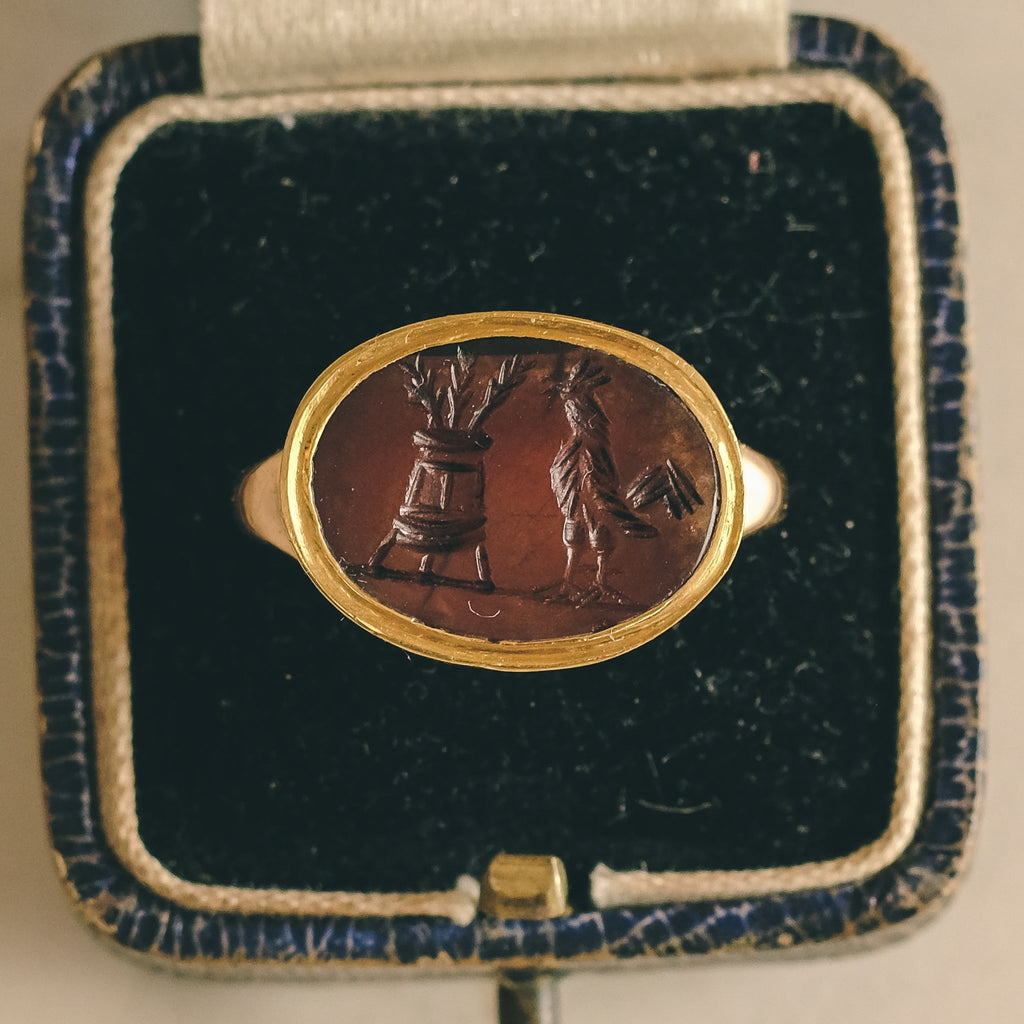 Neoclassical "Cock & Calanthus" Intaglio Signet Ring - Lost Owl Jewelry