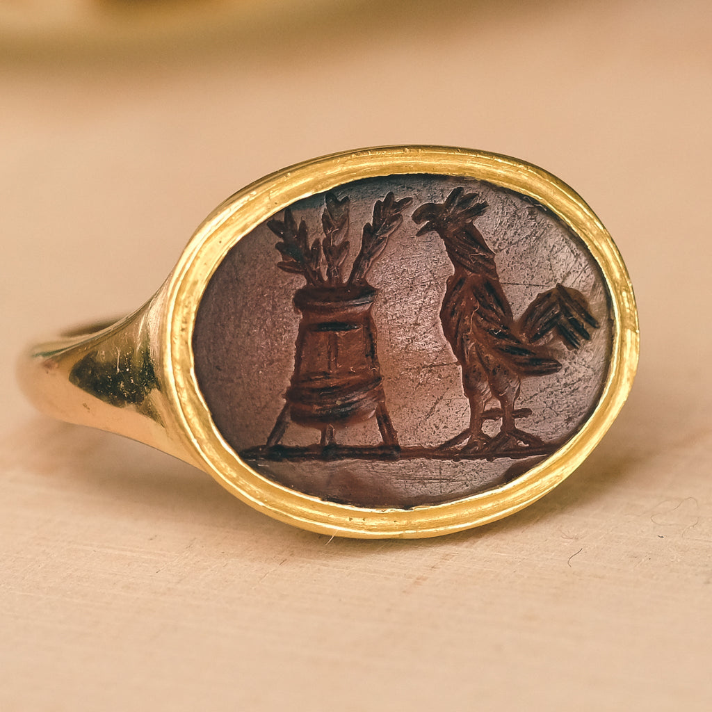 Neoclassical "Cock & Calanthus" Intaglio Signet Ring - Lost Owl Jewelry
