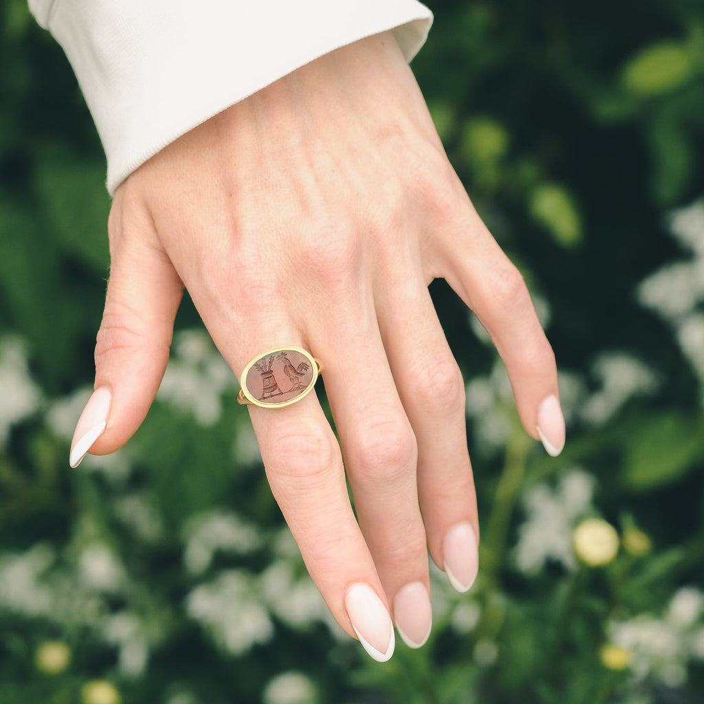 Neoclassical "Cock & Calanthus" Intaglio Signet Ring - Lost Owl Jewelry
