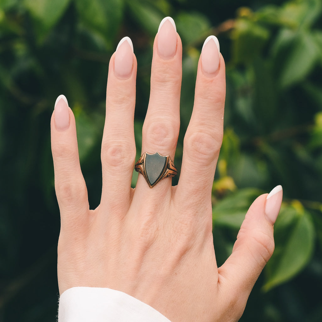 Victorian Bloodstone Shield Signet Ring - Lost Owl Jewelry