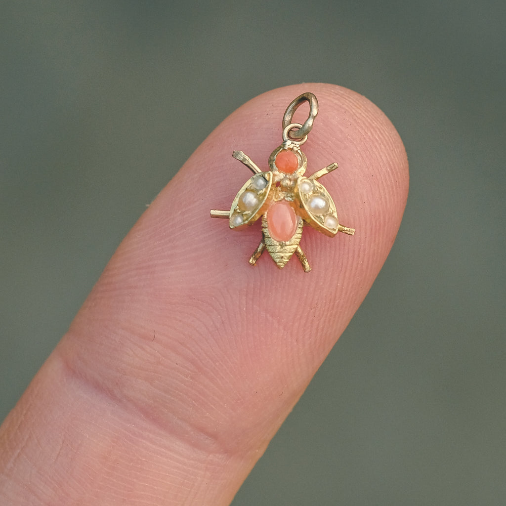 Victorian Coral & Pearl Bee Charm - Lost Owl Jewelry
