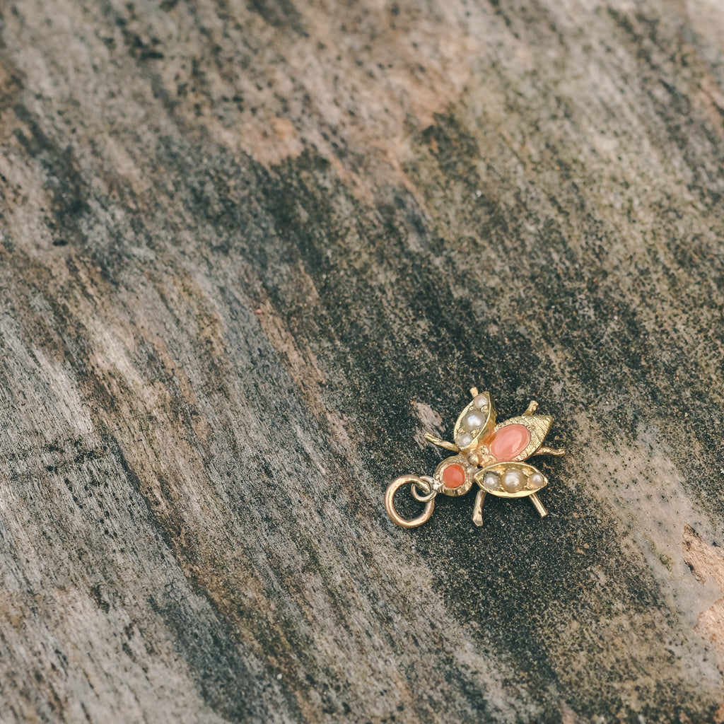 Victorian Coral & Pearl Bee Charm - Lost Owl Jewelry